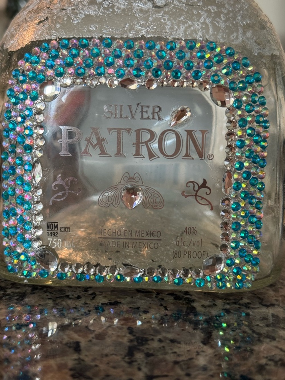 Patrón Silver Tequila Bottle — Teal & Iridescent Rhinestone Accent